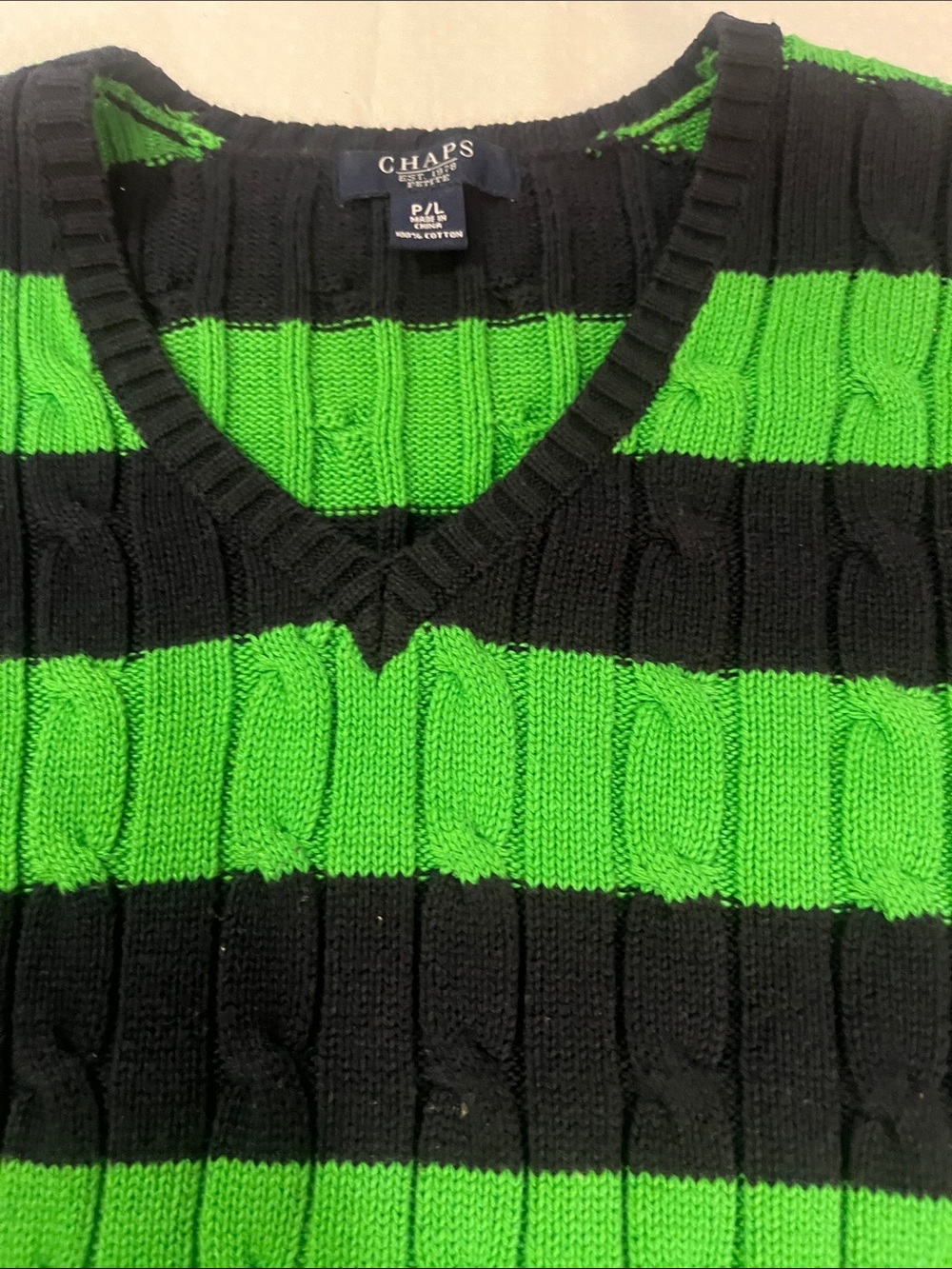 Chaps Black and Bright Green Striped V-Neck Sweater - Picture 4 of 4